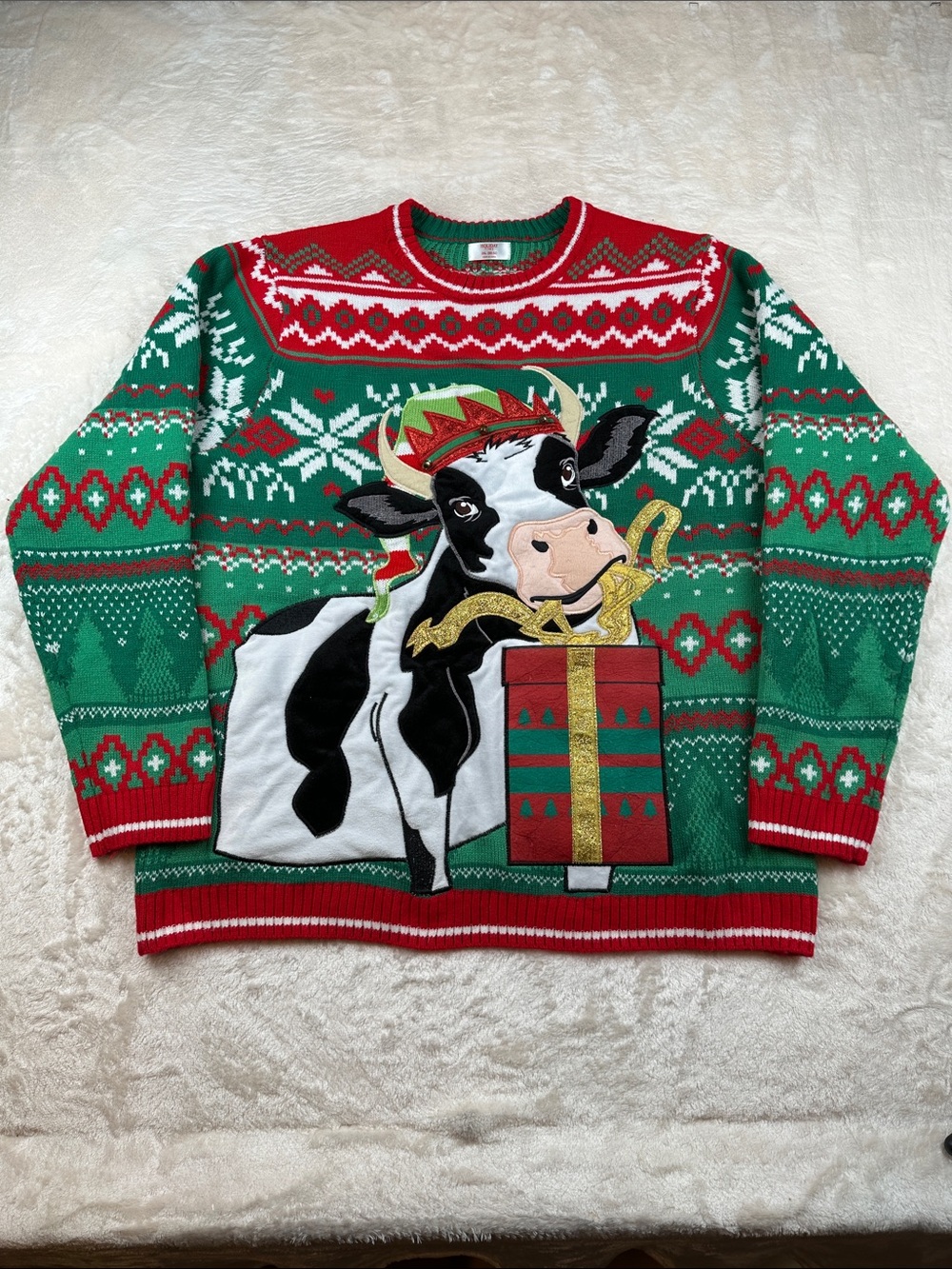 Holiday Time Size 2XL Red and Green Cow Holiday Crewneck Sweater | Christmas